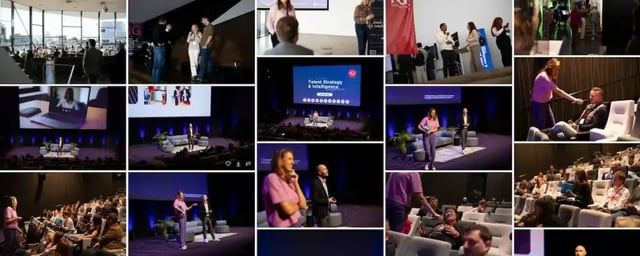 Compilatie van foto's van presentaties, interacties en publiek tijdens de Global Conference over Talent Strategy & Intelligence.