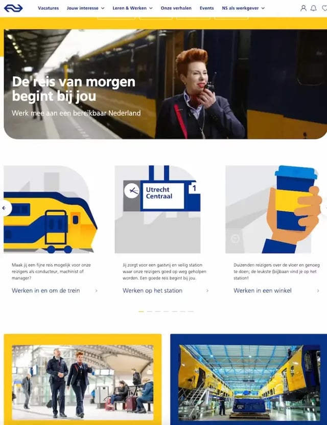 Homepage van de NS Werkenbij site met een conductrice op het perron en informatie over verschillende NS-beroepen.