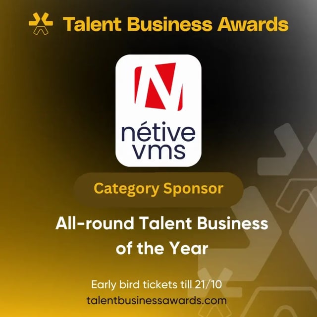 Afbeelding met het logo van Né­tive VMS als categorie­sponsor van de Talent Business Awards 2024 voor "All-round Talent Business of the Year".