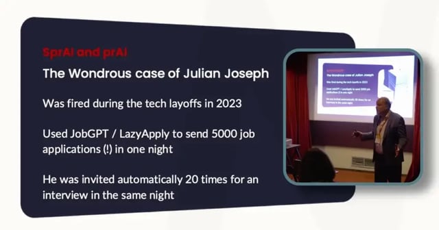 Man geeft presentatie over Julian Joseph die met behulp van AI-tools 5000 sollicitaties in één nacht verstuurde.