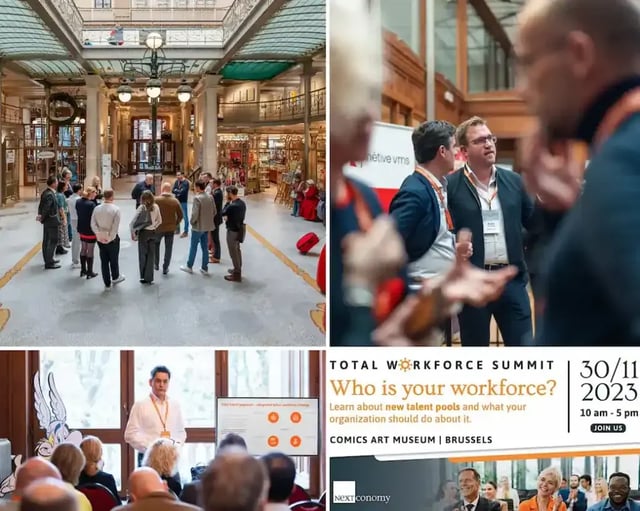 Collage van foto's en promotiemateriaal van de Total Workforce Summit 2023 in het Comics Art Museum in Brussel.